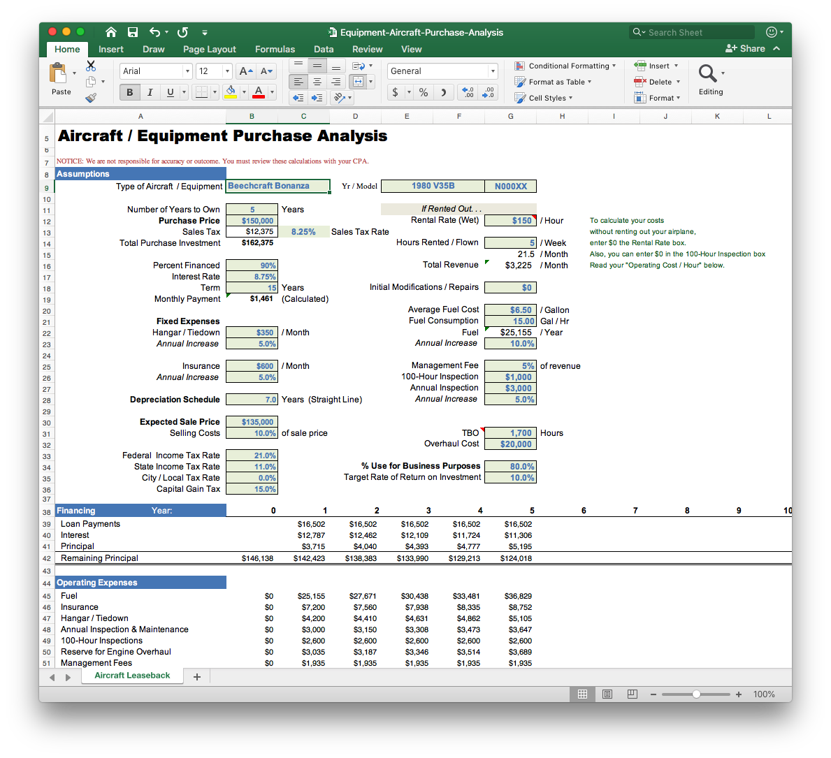 Aircraft / Heavy Equipment Purchase Analysis Calculator